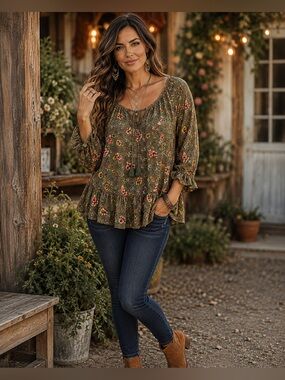 Faded Glory Floral Peplum Boho Blouse XL 16/18 Olive Green Rayon A33